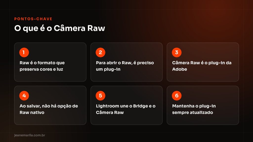 Quadro com os pontos-chave sobre o que é o Câmera Raw, o plug-in da Adobe para abrir e editar arquivos Raw