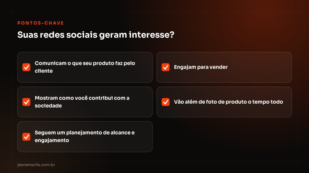 Checklist Pontos-chave para avaliar se suas redes sociais geram interesse: mensagem, contribuição, planejamento e engajamento