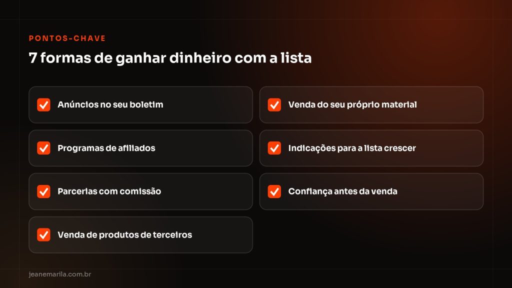 Infográfico com sete formas de ganhar dinheiro com a lista de e-mails, de anúncios a parcerias