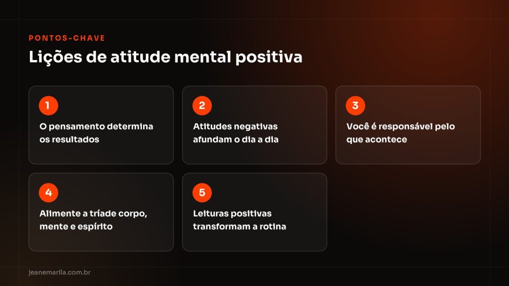 Quadro Pontos-chave sobre atitude mental positiva: pensamento, responsabilidade, equilíbrio da tríade e leituras