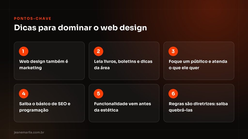 Quadro com dicas de web design: marketing, leitura, público-alvo, SEO, funcionalidade e quando quebrar as regras