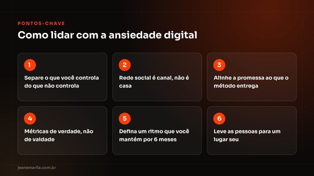Quadro Pontos-chave sobre ansiedade digital: controle, promessa alinhada, métricas de verdade e presença sustentável