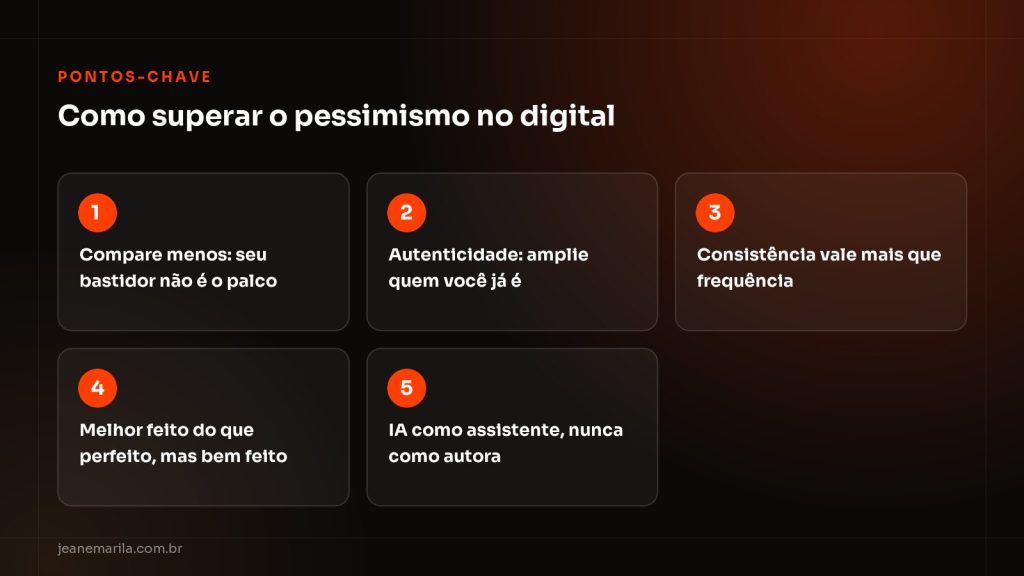 Infográfico com cinco pontos-chave para superar o pessimismo no digital e construir autoridade na saúde