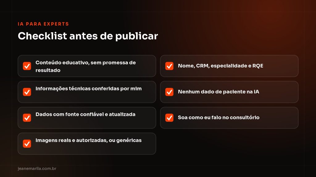 Checklist de conformidade CFM para conteúdo médico produzido com IA