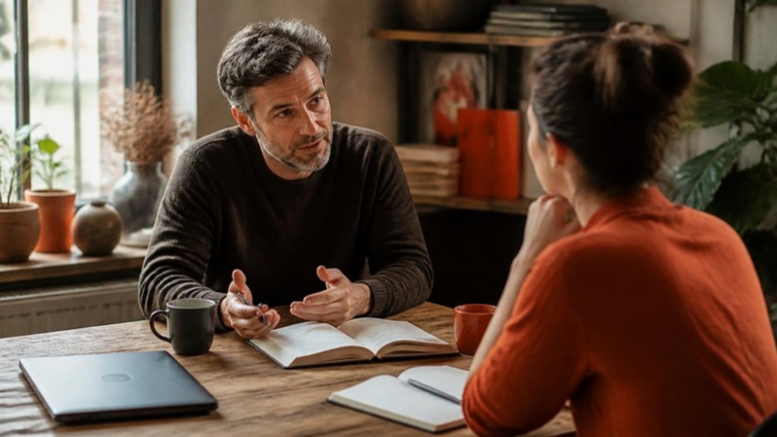 Encontro de mentoria com IA como apoio e o especialista conduzindo a conversa